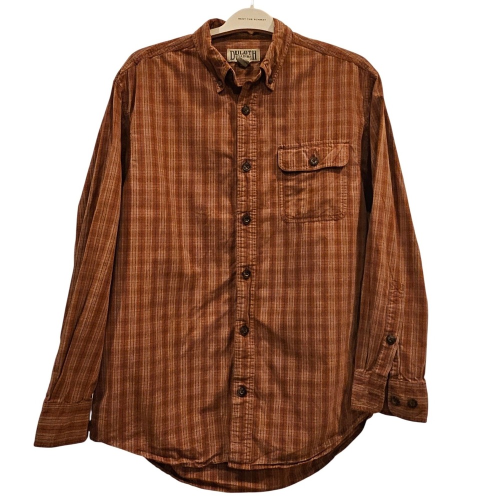 Duluth Trading Co Mens Medium Brown Plaid Corduroy Button Down Work Shirt Cotton
